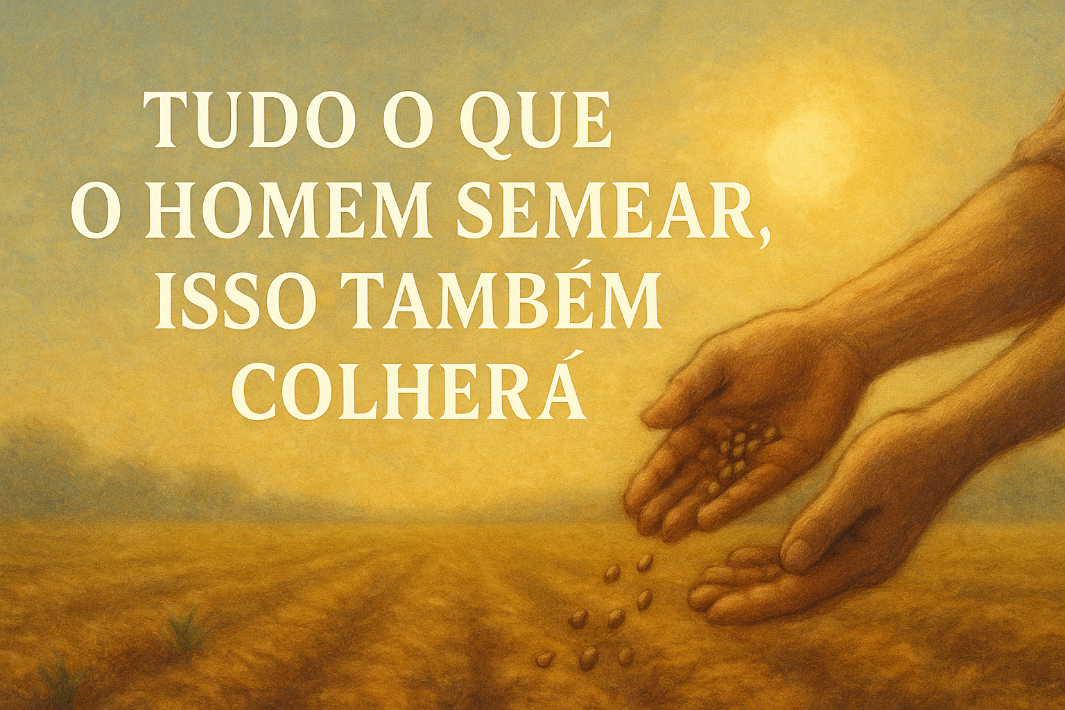 Mãos lançando sementes no solo ao nascer do sol, representando a lei da semeadura e colheita.
