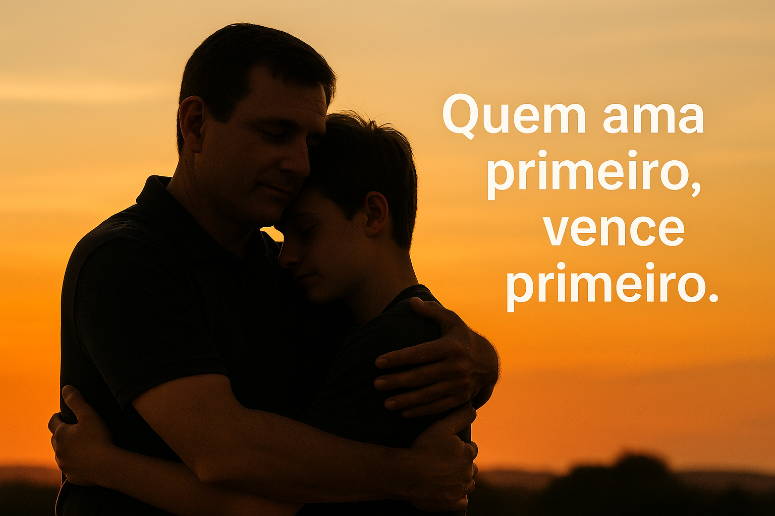 Quem ama primeiro, vence primeiro 4K Motivação Pai e filho se abraçando ao pôr do sol, simbolizando perdão, amor e reconciliação mensagem “Quem ama primeiro, vence primeiro”.