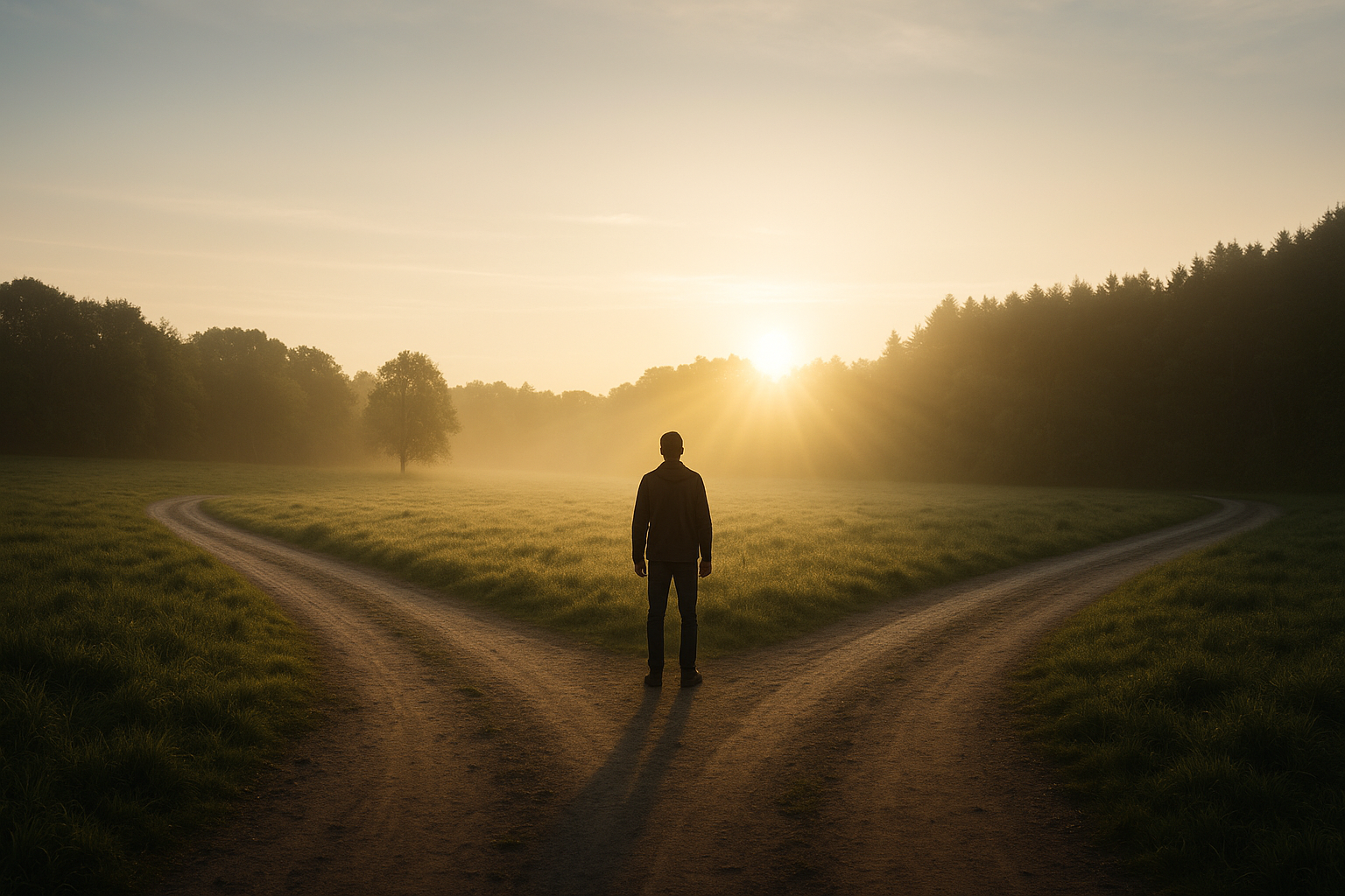 Pessoa em pé diante de dois caminhos, um iluminado pela luz do sol e outro em sombra, simbolizando a escolha espiritual e o livre-arbítrio guiado por Deus.