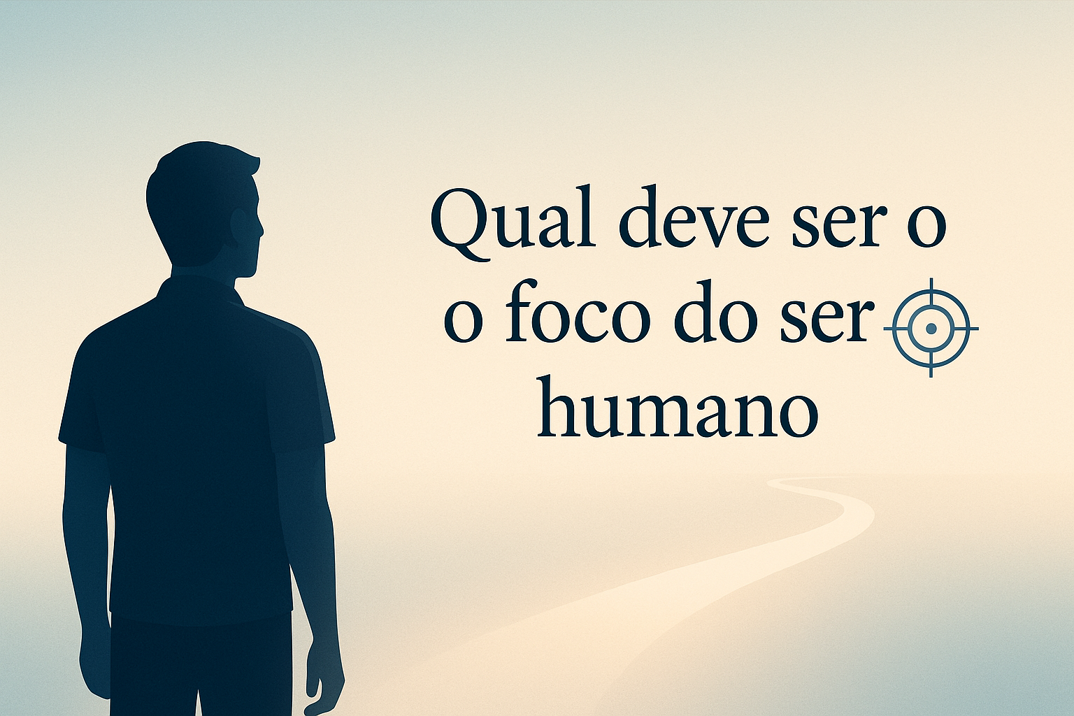 Qual deve ser o foco do ser humano Ilustração de uma pessoa olhando para o horizonte sob um céu em tons de azul e dourado, representando reflexão e propósito espiritual.