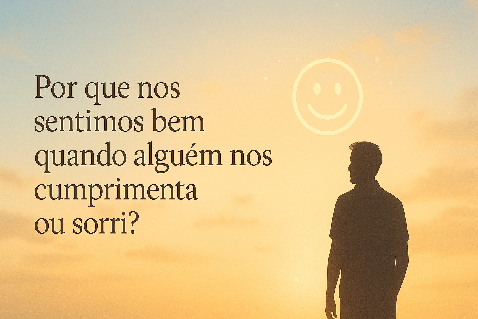 Ilustração de uma pessoa ao pôr do sol, recebendo um sorriso simbólico no céu, representando conexão humana, gentileza e presença divina no gesto simples de cumprimentar.
