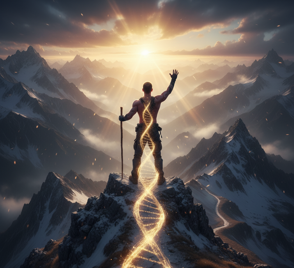 Homem no topo de uma montanha ao nascer do sol, com um cajado e um caminho de DNA luminoso subindo atrás dele, simbolizando o despertar da coragem, superação e a motivação que transforma vidas.