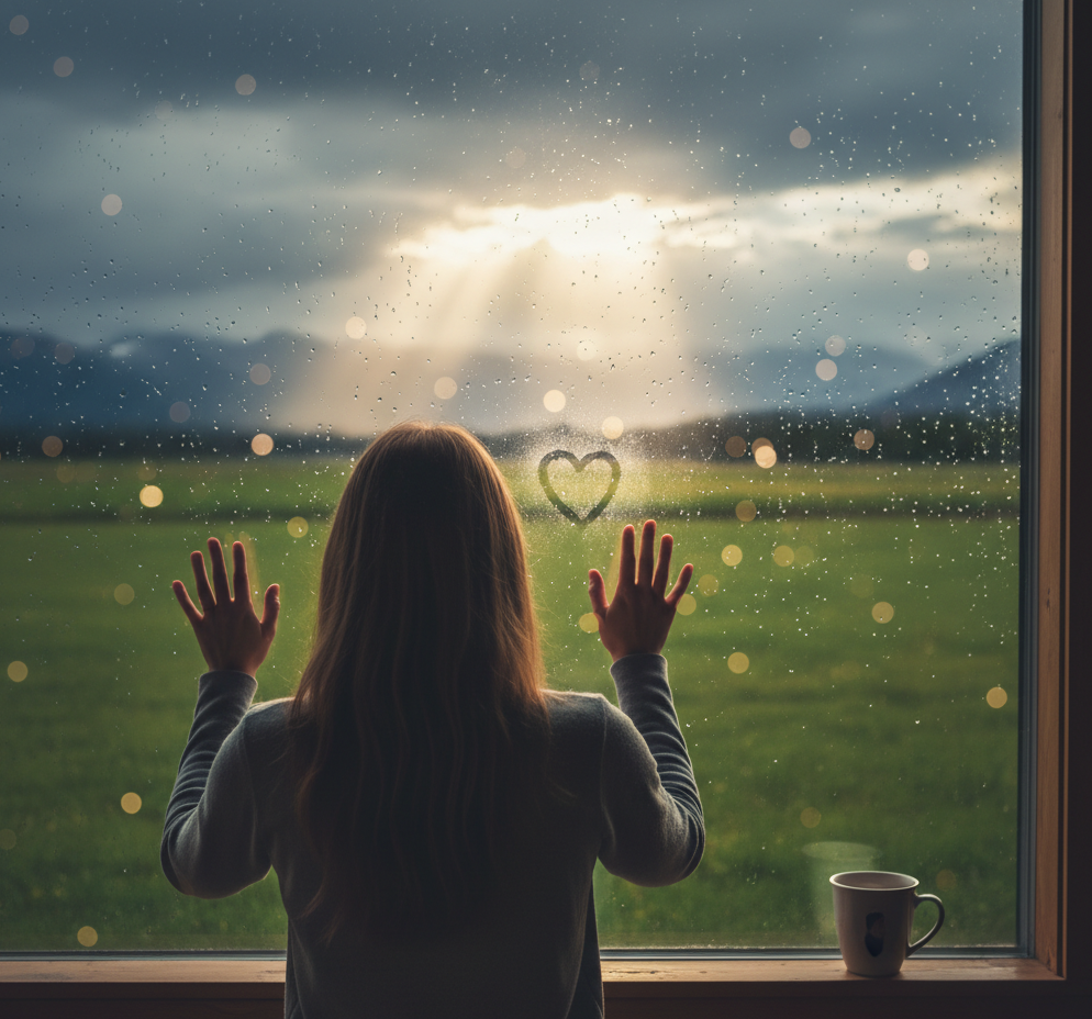 Imagem que ilustra a superação e a esperança. Uma mulher observa a chuva pela janela enquanto o sol rompe as nuvens, simbolizando a clareza que surge após os momentos difíceis.