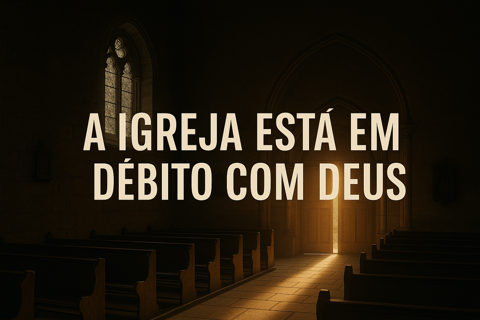 A Igreja Está em Débito com Deus Interior de uma igreja antiga com luz dourada atravessando as portas abertas, simbolizando arrependimento e renovação espiritual.
