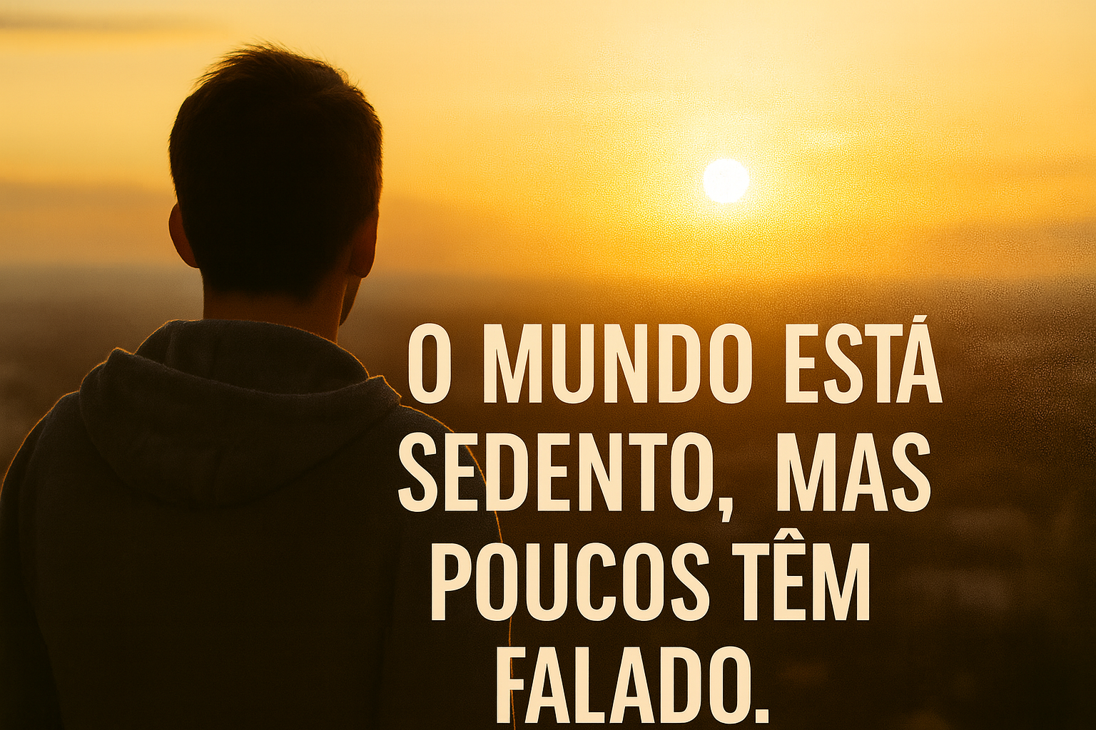 Pessoa de costas olhando o pôr do sol, com a frase “O mundo está sedento, mas poucos têm falado.” — imagem inspiradora sobre fé e propósito.