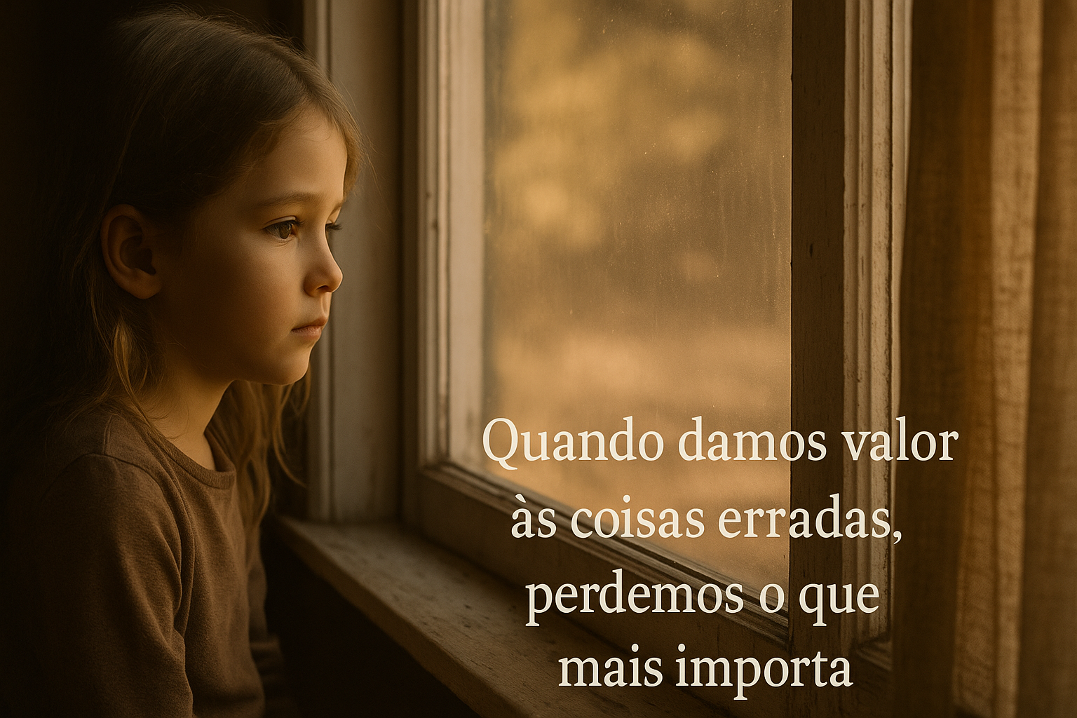 Criança olhando pela janela com expressão pensativa sob a luz do sol, representando reflexão sobre dar valor ao que realmente importa.