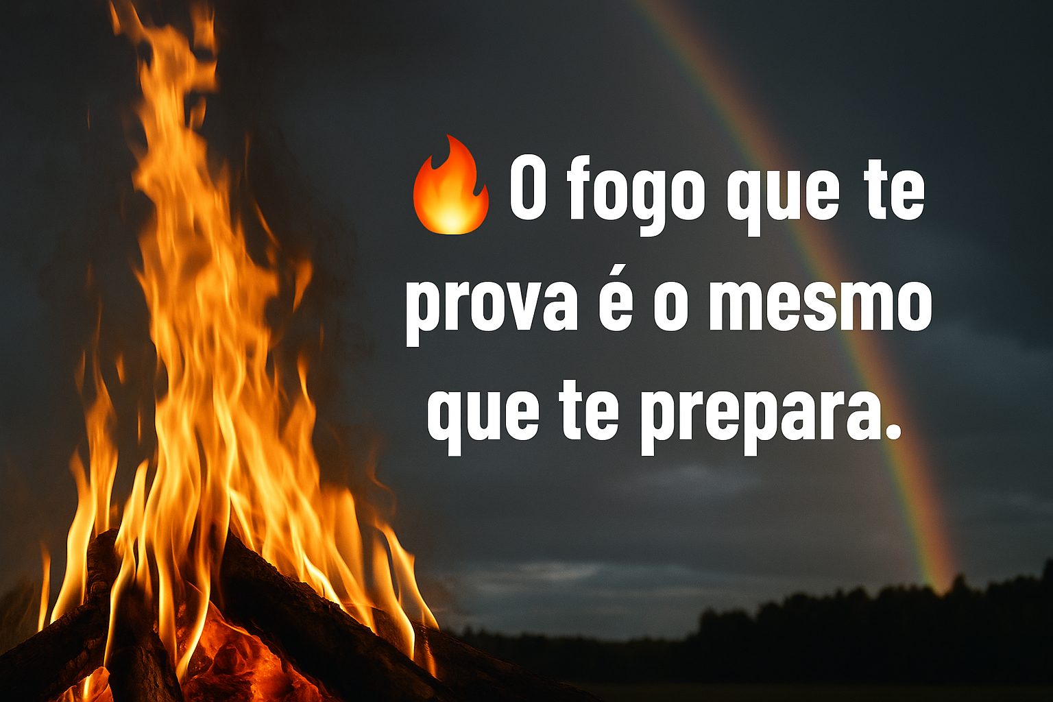 O fogo que te prova é o mesmo que te prepara Banner com uma fogueira acesa e a frase “O fogo que te prova é o mesmo que te prepara”, simbolizando fé, superação e transformação espiritual.