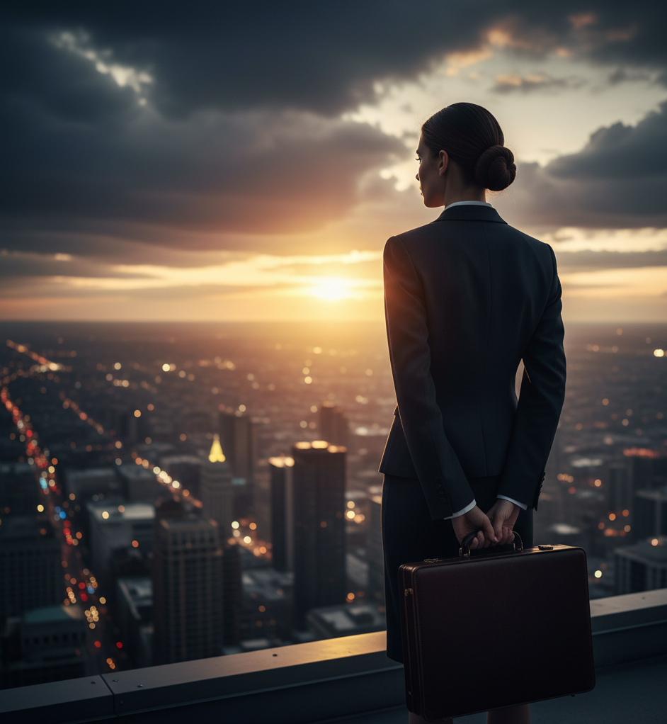 Mulher de negócios em uma posição de destaque no topo de um arranha-céu, olhando a cidade ao pôr do sol, refletindo sobre o peso da responsabilidade e o que o poder acarreta.