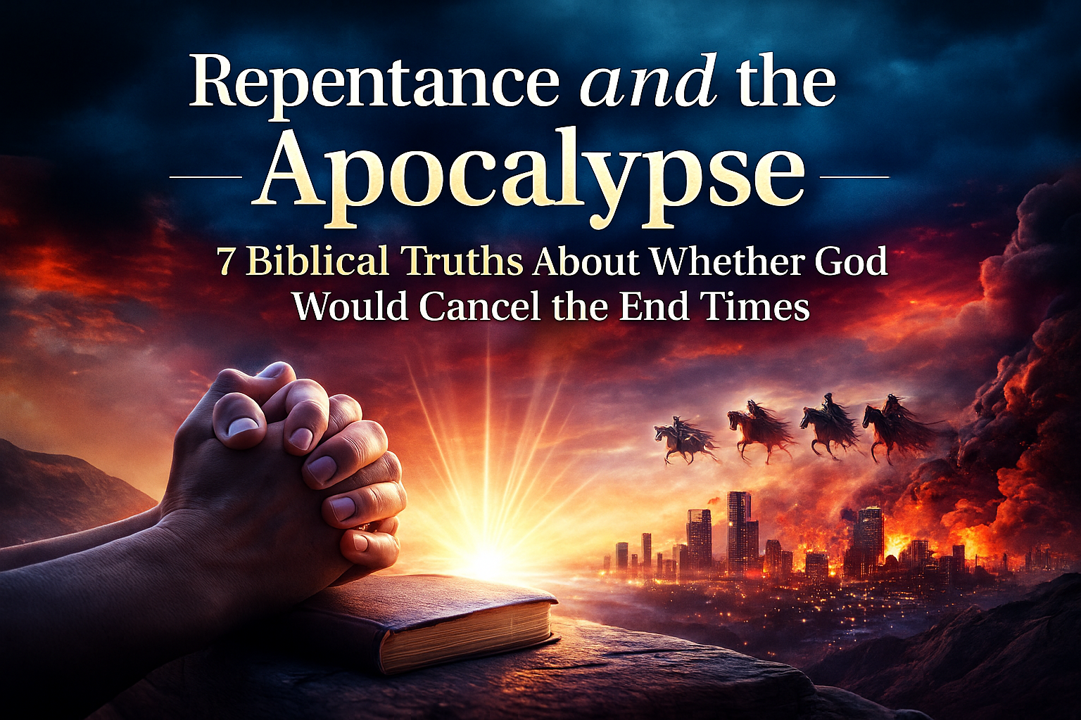 Illustration representing repentance and the Apocalypse in a biblical context, showing light and darkness to symbolize divine judgment and hope.